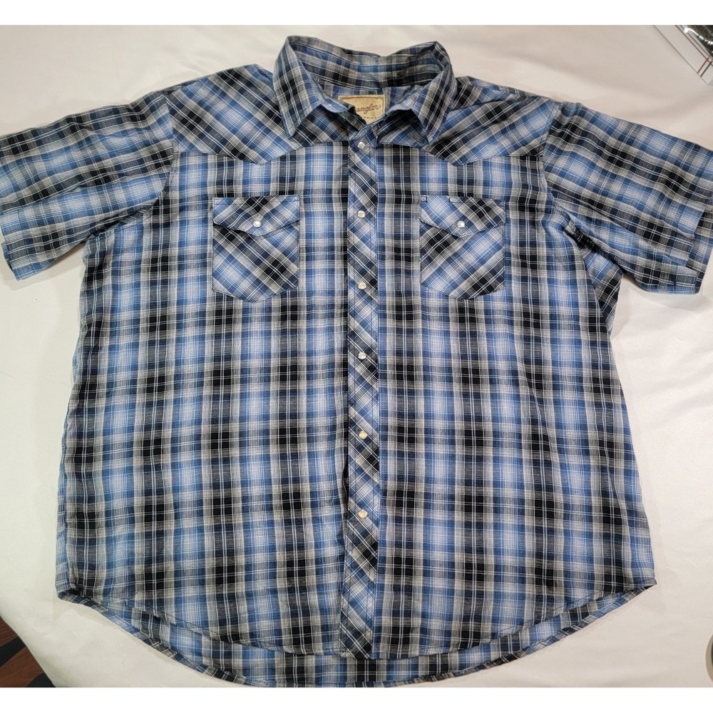 Wrangler Western Country Cowboy Shirts Pearl Snap Mens L Blue Plaid